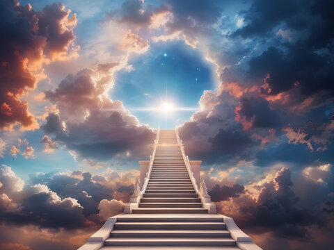 Creative religion concept. The stairway podium leads to the heavenly sky towards the glowing end clouds skies' landscape. Christian religious design.