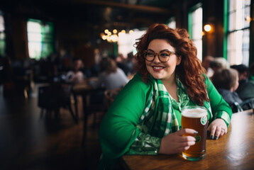 stylish plus size lady in green wear celebrating st. Patrick's day in pub