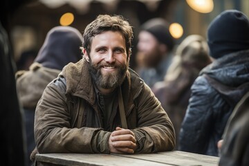 Positive homeless white male with beard sits at a table surrounded by other people - obrazy, fototapety, plakaty