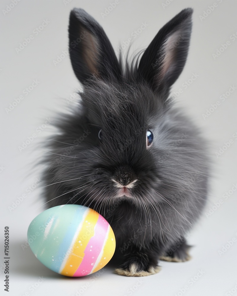 Wall mural Cute easter bunny with decorated egg isolated on white background