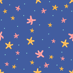 Seamless vector pattern. Cute pink and orange sea stars on a blue background. Illustration in naive style. Vector illustration