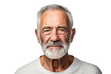 Portrait of senior man isolated on transparent background, Serious retired man looks at the camera
