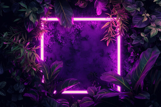 Neon square frame surrounded by tropical leaves, Creative natural background with ultraviolet exotic plants and luminous border