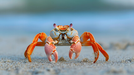 Colorful Crab on Sand with Claws Raised