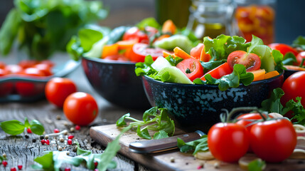 Fresh Organic Vegetable Salad in Bowl on Rustic Table with Dressing and Ingredients
