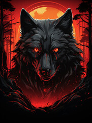 T-shirt design, a black wolf with piercing red eyes set against the mysterious backdrop of a dark forest created with Generative Ai
