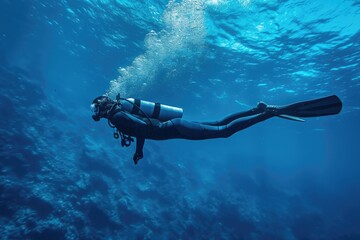 A man scuba diving in the deep blue sea underwater
