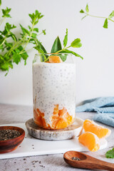 Chia pudding in glass with yogurt or coconut milk and clementine.