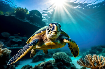 Sea turtle with a group of colorful corals underwater in the ocean, underwater world in the ocean.