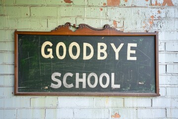 Goodbye school. Chalk inscription on the school green blackboard on the wall. graduation. end of the educational process, the academic year. beginning of the holidays.