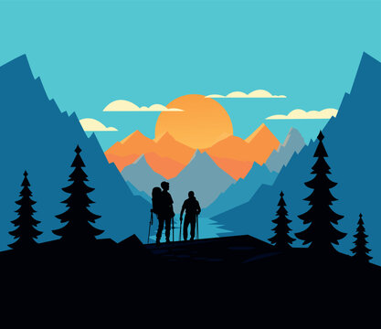 Hiking in the mountain vector landscape design illustration