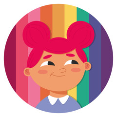 Pink haired girl on a rainbow background. Vector illustration in flat style