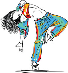 Dancer perform hiphop. Performer in freestyle street dance. Young woman jumping in hip hop pose