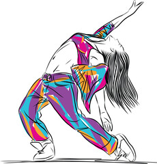 Dancer perform hiphop. Performer in freestyle street dance. Young woman jumping in hip hop pose