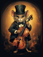 T-shirt design, A charming mouse in a tuxedo, playing the cello with utmost seriousness, depicted in a color pencil sketch style enhanced with shading created with Generative Ai