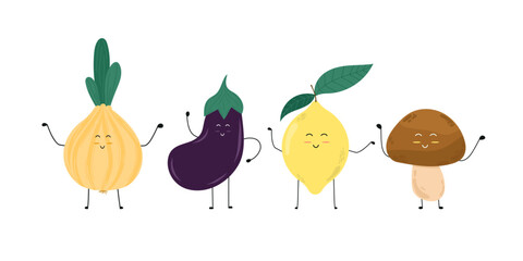 Fanny cartoon vegetables set on isolated background. Happy onion, lemon, mushroom, aubergine. For cartoon characters, comics, books.