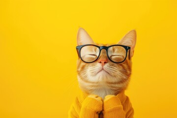 Adorable cute cat in yellow sweater and glasses, squinting his eyes in pleasure - obrazy, fototapety, plakaty