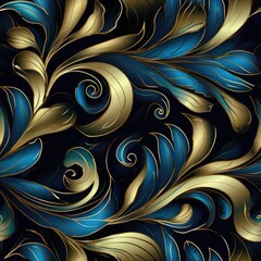 seamless pattern with smooth blue, gold swirls and waves ornament on a black background