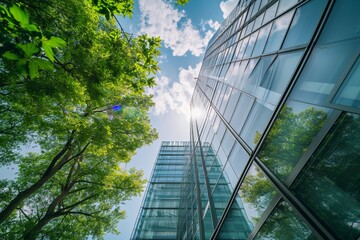 Eco-friendly building in the modern city. Sustainable glass office building with tree for reducing heat and carbon dioxide. Office building with green environment. Corporate building reduce CO2