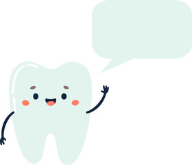 Flat vector illustration. Cute tooth with a face smiling and saying something. Speech bubble for your text . Vector illustration