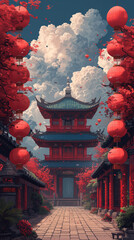 Traditional Chinese Gate and Lanterns Pixel Art