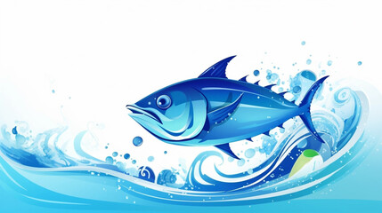 Fototapeta premium copy space, flat vector illustration, World tuna day, color illustration with the image of fish on waves in the water. Illustration for awareness of overfishing tuna and tuna-like species.