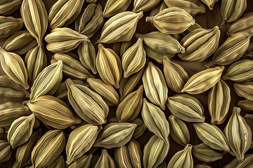 Lush Cluster of Golden Brown Cardamom Pods Arranged on a Wooden Surface