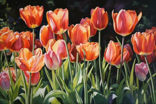 A painting depicting a cluster of tulips blooming in a meadow. Generative AI