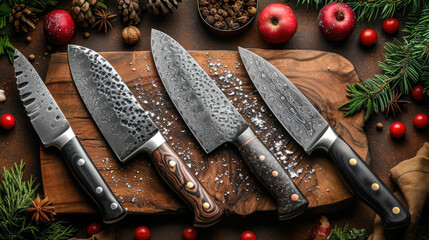 Top view of Damascus steel kitchen Knives on a wooden board - obrazy, fototapety, plakaty