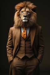 Elegant lion with human body, wearing business suit, standing with hands in pockets