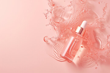 Elegant Serum or hyaluronic Bottle with Dropper on Fluid Water Splash Background in pastel pink and peach color tones