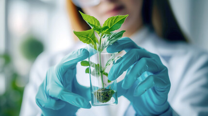 close up of Scientist in Lab Examining Young Plant Growth in Test Tube. Biotechnology and research natural medicine - obrazy, fototapety, plakaty