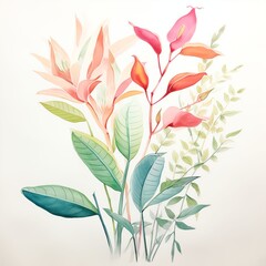 a white drawing of a plant with green leaves and pink paint, in the style of colorful watercolors