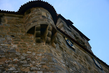 Bottom view of a turret on the wall of a medieval fortress in England, Great Britain © Serhii