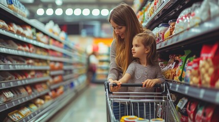 Young beautiful mother holding pushing shopping cart with her child in supermarket. Girl is choosing daily milk product picking up from shelf with her mother beside. Shopping for healthy.