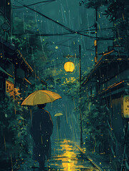Dark rainy street with one person with umbrella. Village or town landscape in anime style