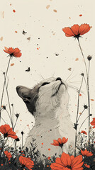 A cute dreamy cat among flowers. Ai generative artistic illustration in Japanese style perfect for card, book cover or copybook cover