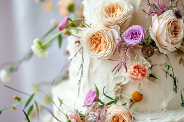 buttercream wedding cake detail with floral decoration, wedding trends