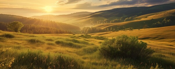 Fototapeta premium Beautiful panoramic landscape of a green hills at sunset - AI Generated
