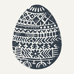 Decorated Easter Egg. Vintage black and white block print style hand drawn vector illustration with grunge texture.