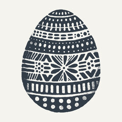 Decorated Easter Egg. Vintage black and white block print style hand drawn vector illustration with grunge texture.