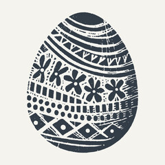 Decorated Easter Egg. Vintage black and white block print style hand drawn vector illustration with grunge texture.