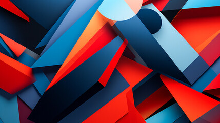 An abstract composition of intersecting lines and geometric shapes.   Vibrant colors, and strong lines