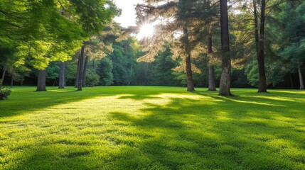 Obraz premium A Green Park Bathed in Morning Sunshine. Summer Splendor in the Heart of the Forest