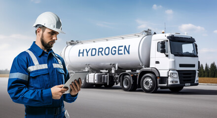 Man with digital tablet on a background of hydrogen tank trailer