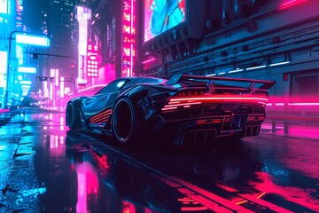 A fast car in a futuristic neon light city.