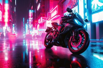 A fast motorcycle in a futuristic neon light city.
