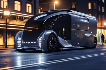 A modern futuristic electric truck on a dark background.