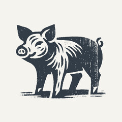 Pig. Vintage block print style grunge effect vector illustration. Black and white.