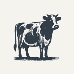 Cow. Vintage block print style grunge effect vector illustration. Black and white.
